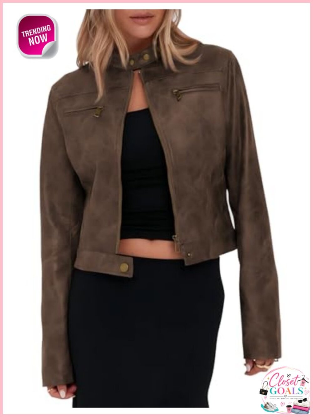 Faux Leather Cropped Motorcycle Jacket Zip Up Stand Collar Casual Vintage